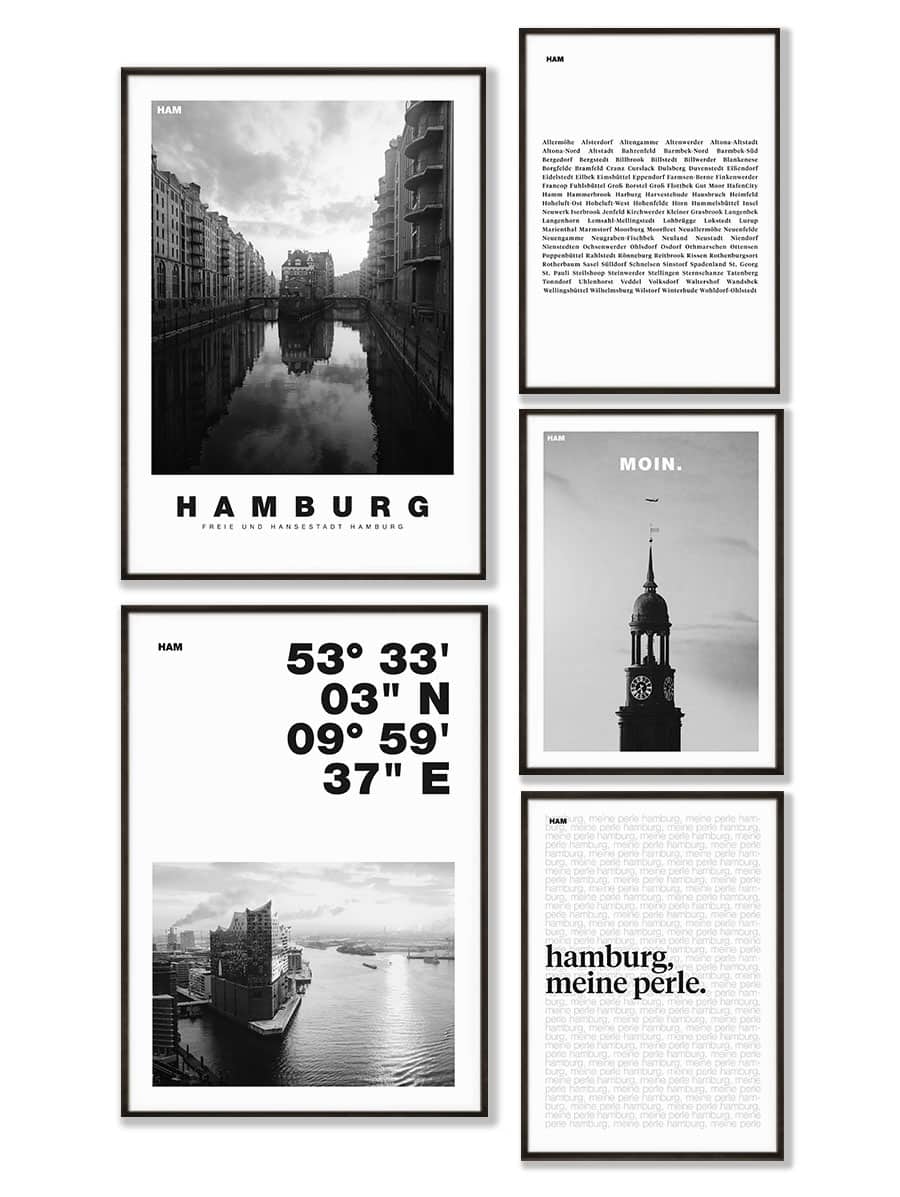 Hamburg Poster Set "Schwarz-Weiß" an einer Wohnzimmerwand im Rahmen - Vollaufnahme